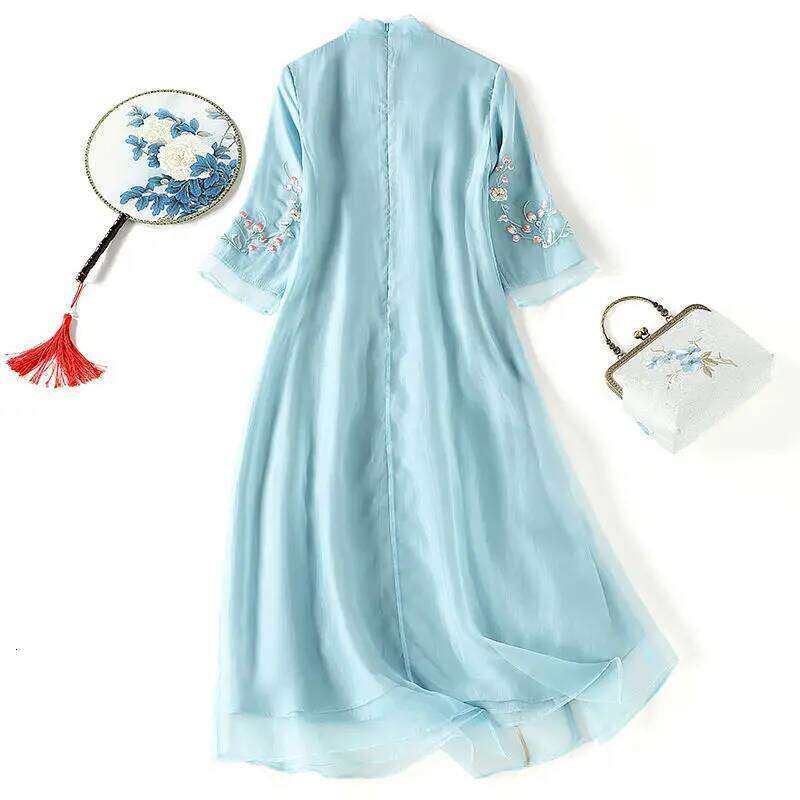 Floral Embroidered Cheongsam Women Retro Short Sleeve Chiffon Chinese Style Vintage Tang Dresses Summer New Fashion