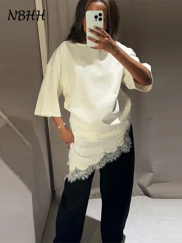 Lace Spliced Irregular Top Women Loose O-neck Half Sleeve White Black T-shirts Female 2026 Fashion Lady All-match Chic Tops 260120