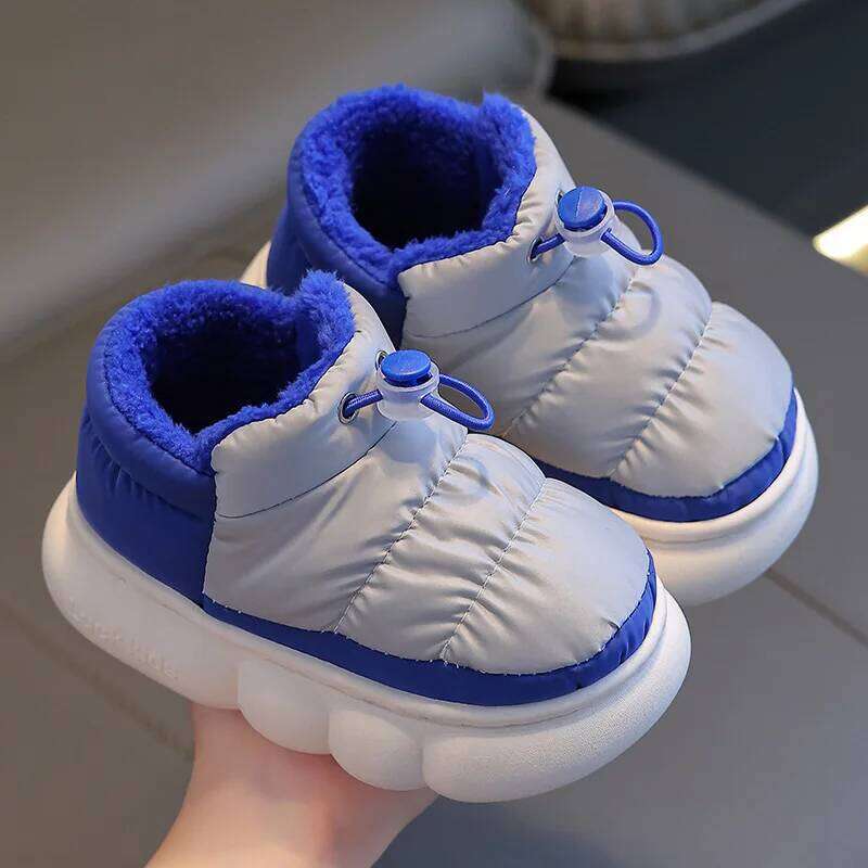 Children Winter Cotton Slippers Boy Drawstring Heel Down Cloth Waterproof Warm Fleece Girl Color Blocking Kid Casual Shoes Y260128