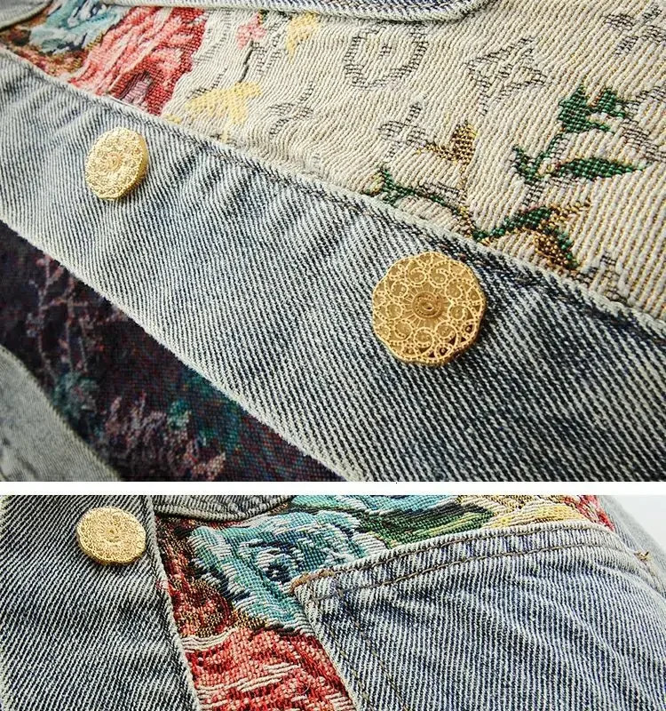 Fashion temperament denim jacket womens autumn and winter short Joker print splicing long sleeve lapel 260120