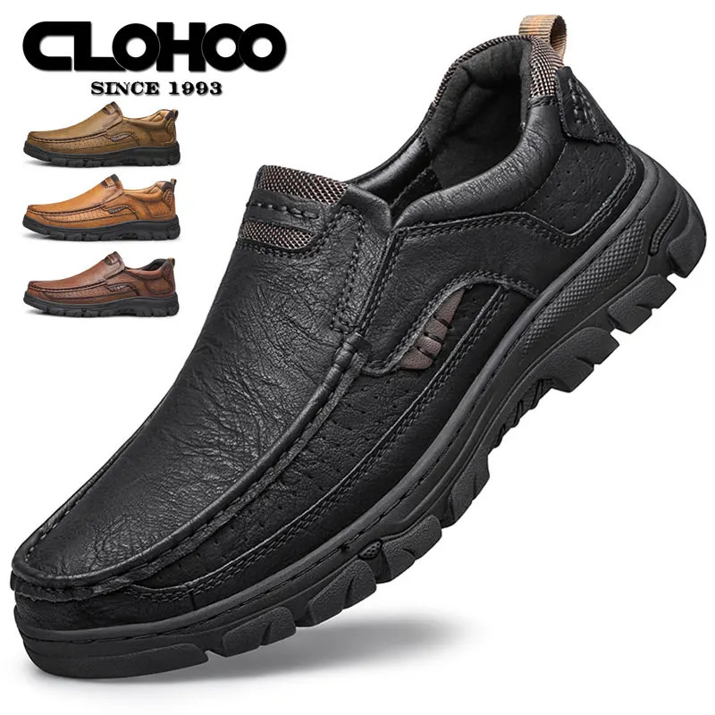 CLOHOOMens Casual Loafers Handmade Breathable Leather Shoes with Thick Rubber Sole Comfortable Footwear Classic Hand Sewn Seams 260126