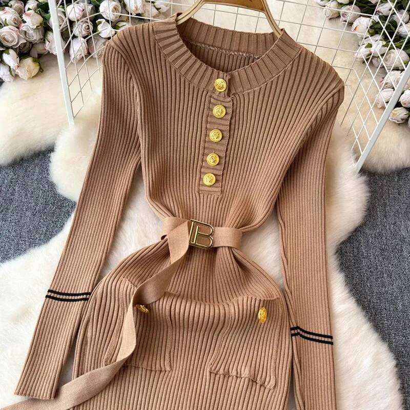 YuooMuoo Chic Fashion Autumn Winter Sleeve Knitted Bodycon Women Elegant Sash Bandage Long Sweater Dress Vestidos XJ260131