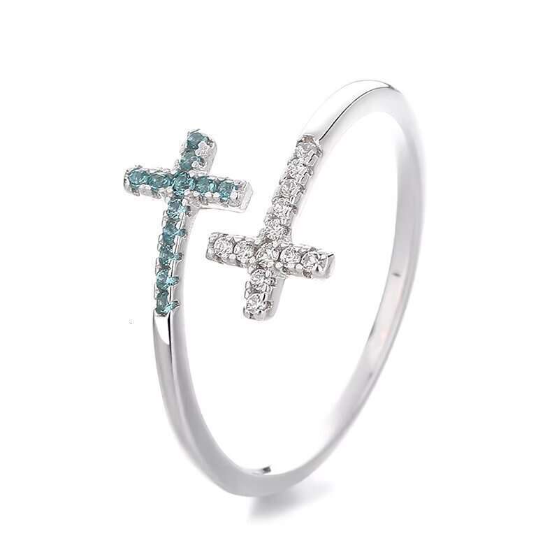 Double Crystal Cross Ring Silver-tinted Adjustable Jewelry Suitable for Date Nights and as a Gift