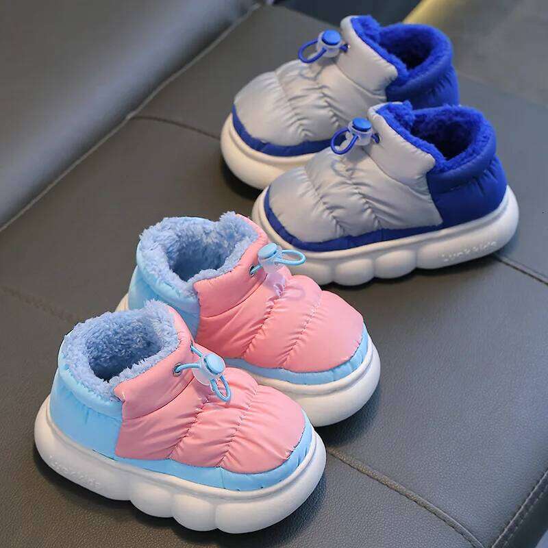 Children Winter Cotton Slippers Boy Drawstring Heel Down Cloth Waterproof Warm Fleece Girl Color Blocking Kid Casual Shoes Y260128