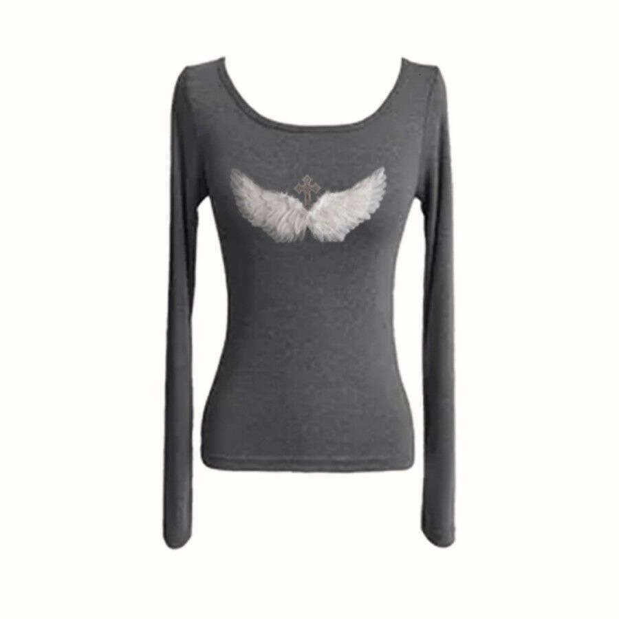 Autumn Winter New Slim Fit Base Shirt For Women With Unique Design And Wing Print Long Sleeve Pullover Top