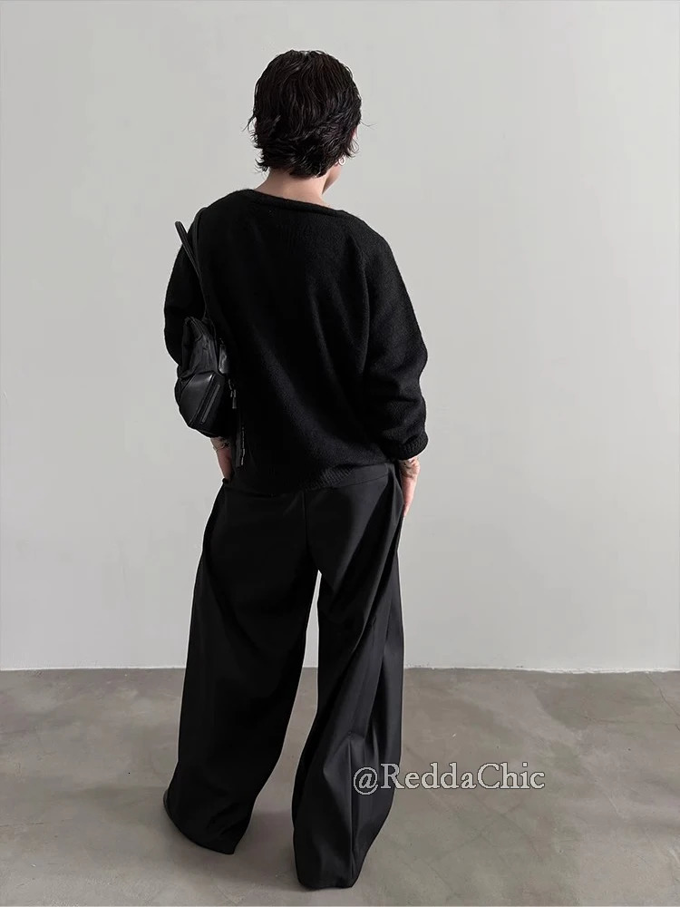 REDDACHiC Mens Pleated Front Wide Leg Pants Cleanfit Black Solid Low Waist Dressy Trousers Unisex Office Work Casual Clothes 260120