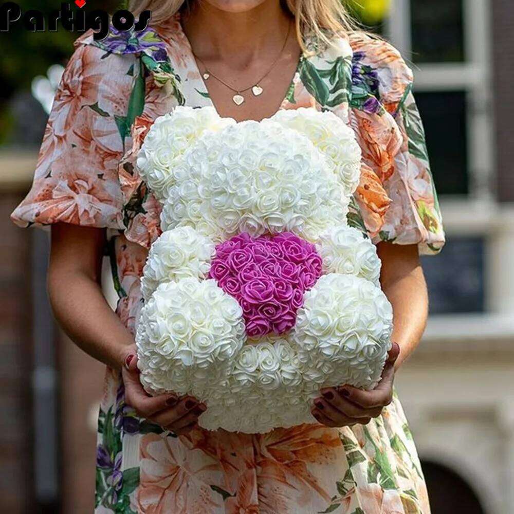 Dropshipping 40cm Bears Artificial Handmade Rose Heart Teddy Bear Valentine Wedding Mothers Day Gift for Women Wholesale Y260131