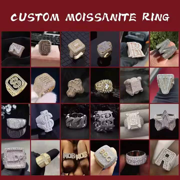 Custom Moissanite Ring Men Super Sparkling S925 Rappers Prong Setting Hiphop Iced Out Moissanite Ring