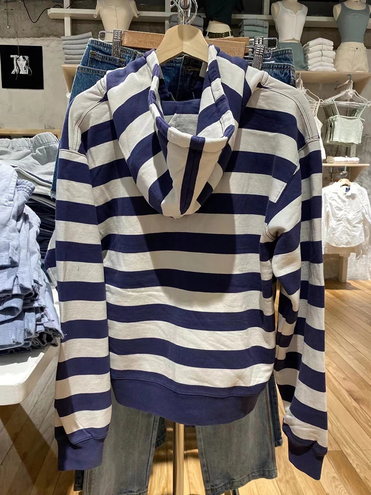 Striped Patchwork Zip-up Hoodie Autumn Cotton Pocket Drawstring Hooded Sweatshirt Women Y2k Streetwear Vintage Loose Tops Jacket 260120