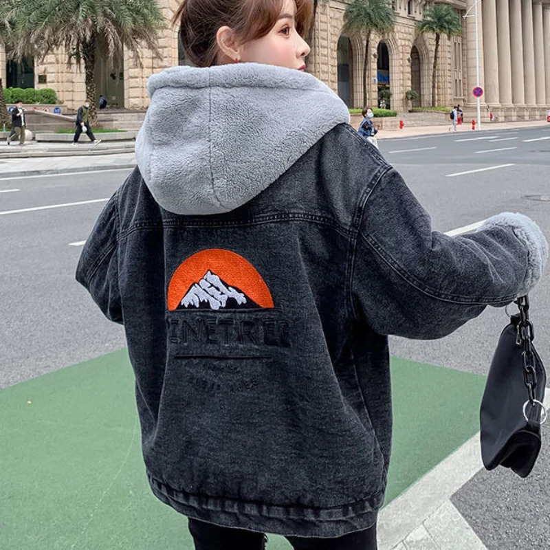 Womens Loose Allmatch Fleece Thickened Hooded Denim Jacket 260120