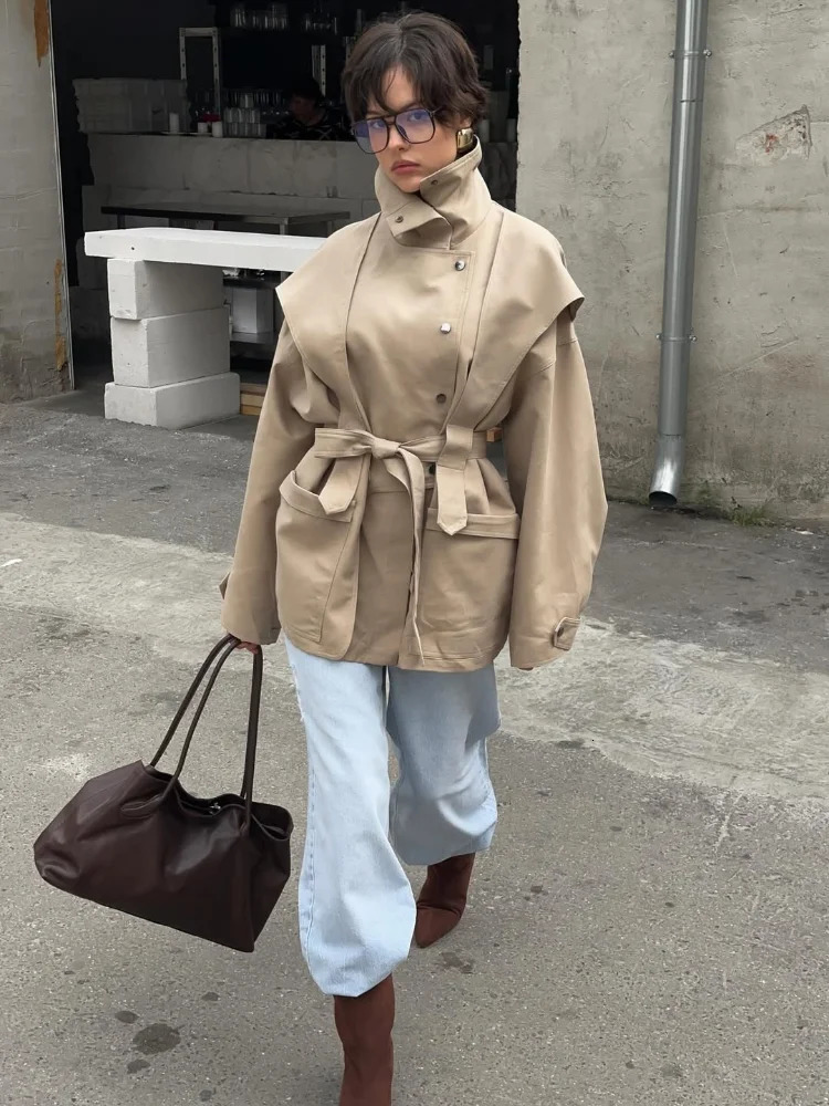 Women Casual Waist Cinching Windbreaker Solid Buttons High Neck Long Sleeve Single-breasted Coats 2025 Lady Commuter Outwear 260120