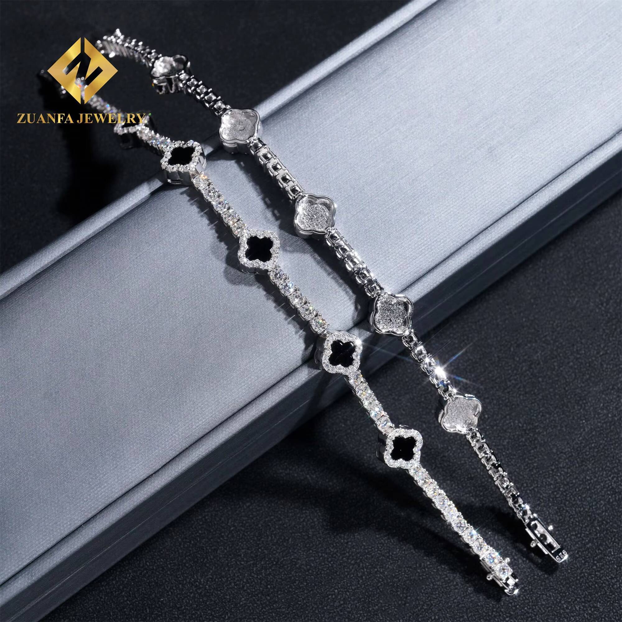 New Arrivals 3mm Iced Out Hip Hop Jewelry S925 Silver VVS1 Moissanite Diamond Four Clover Leaf Cluster Tennis Bracelet