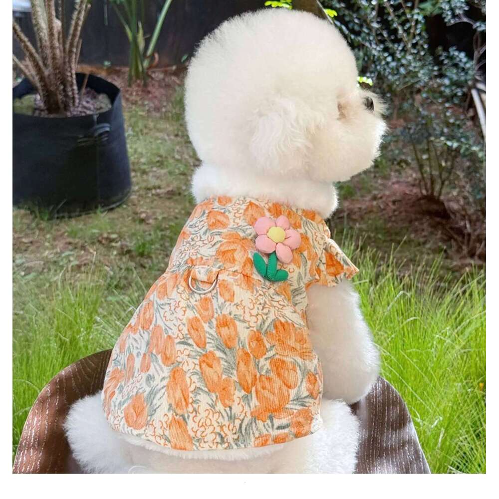 Flower Puppy Tulip Pet Clothes Teddy Dress Winter Warmth Skirt Thickened Dog Cotton Coat with Traction Buckle H260130