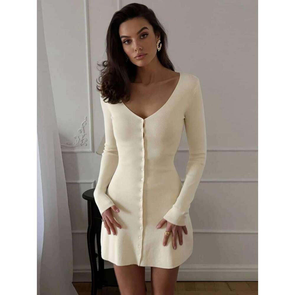 Dulzura 2025 Autumn Fashion Sexy V-Neck Long Sleeve Single Breasted Slim Mini Solid Casual Women Dress Party Club Clothes XJ260131