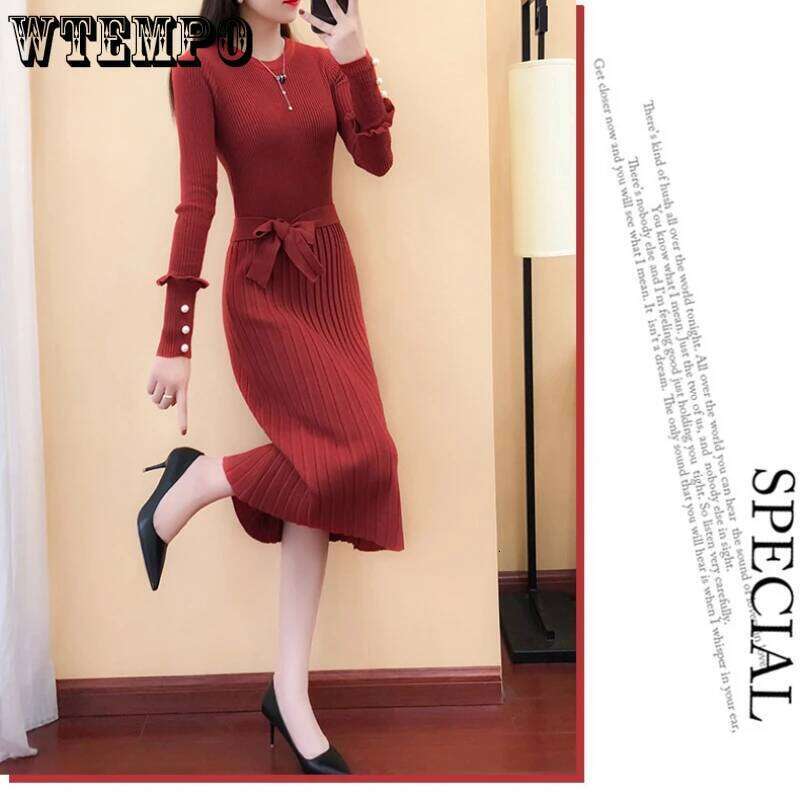 WTEMPO Korean Fashion Slim Crew Neck Sweater Dress Women Elegant Belted Sleeve Pleated Knitted Long Dresses XJ260131