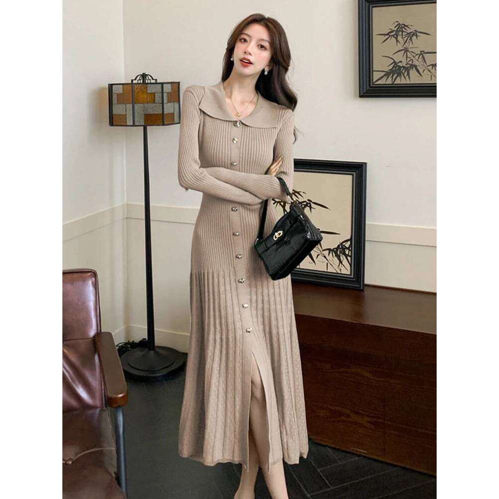 Women Clothes Knitted Lapel Single Breasted Skinny Fishtail Long Dress Sweater Casual Stretchy Robe Mujer Vestidos Autumn Winter XJ260131
