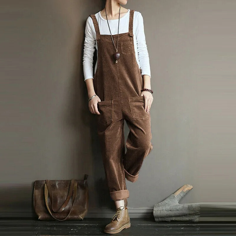 S5XL Women Corduroy Jumpsuit Pocket Wide Leg Solid Color Loose Sleeveless Simple Autumn Playsuits Rompers Streetwear 260120