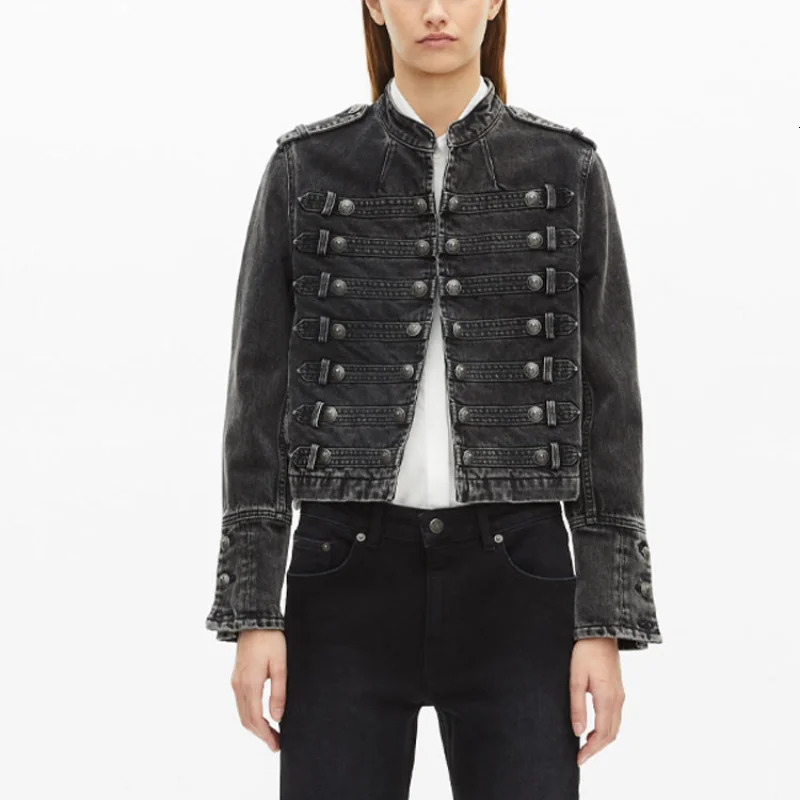 Fashion Punk Denim Jacket Multiple buttons O Neck Long Sleeve Stand Collar Solid Short Jean Outwears 2025 Autumn Lady StreetWear 260120