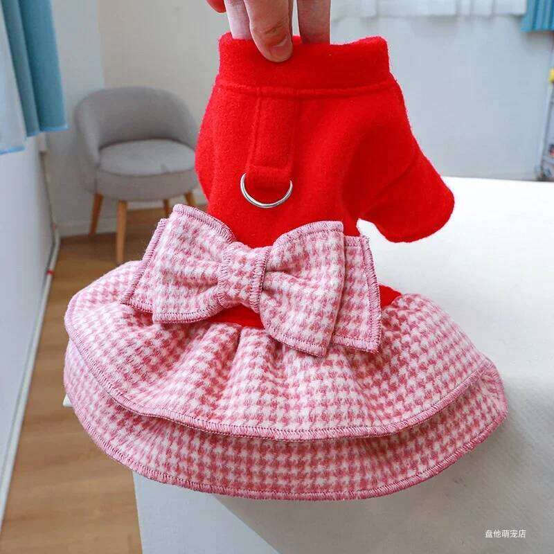 1PC Pet Clothes Cat Autumn Winter Thickened Warm Red Princess Dress Belt Traction Buckle Suitable for Small and Medium sized Dog H260130