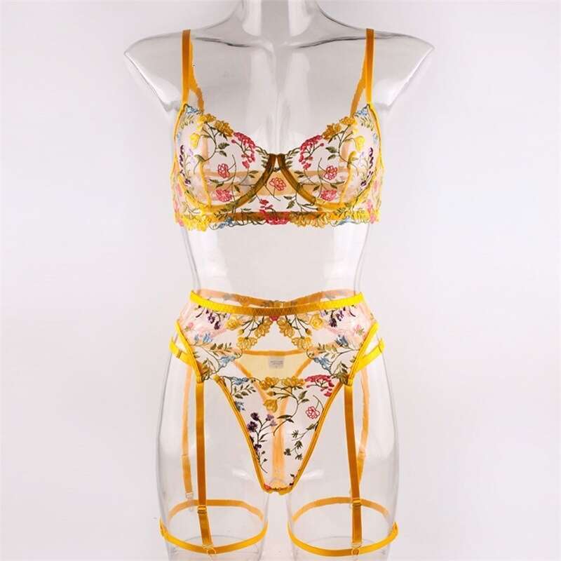 Women's floral embroidery lingerie set - transparent mesh bra and suspender underwear, romantic pajamas for Valentine's Day or role-playing