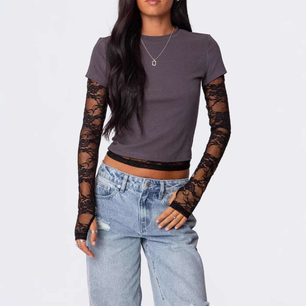 European and American Foreign Trade Women's Y2K New Lace Patchwork Fake Two-Piece Long Sleeve Round Neck T-Shirt