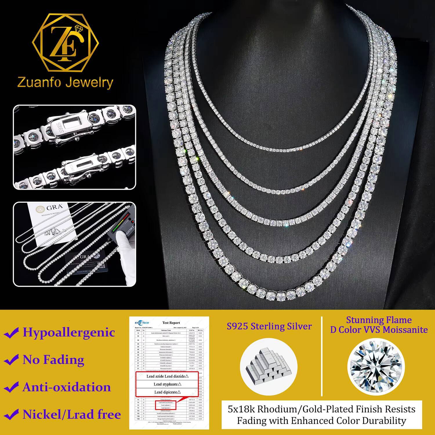 Drop Shipping GRA Certified Sterling Silver Moissanite Necklaces 2mm 3mm 4mm 5mm 65mm Tennis Chain Bracelet VVS Tennis Bracelet