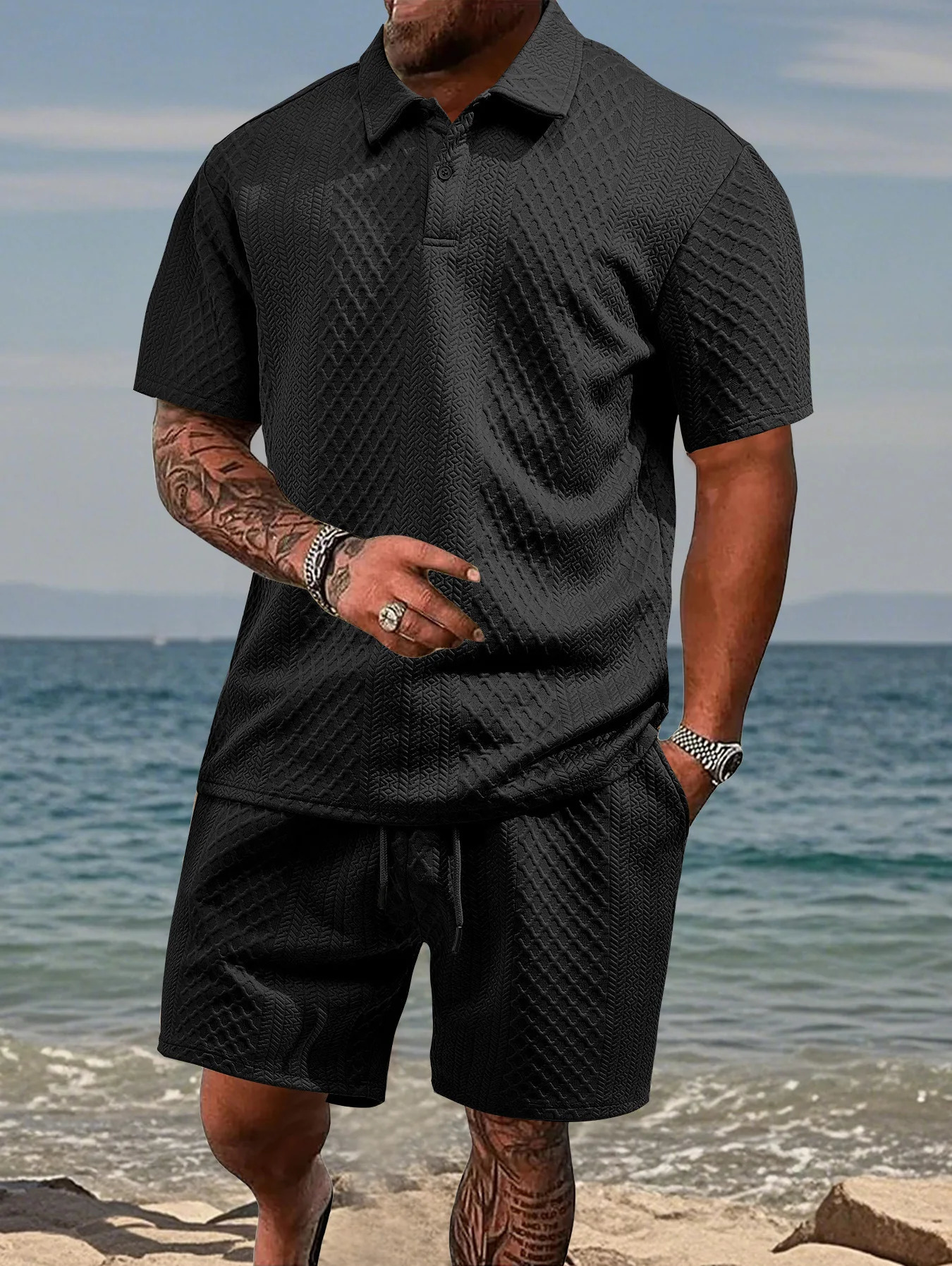 2025 Summer Mens Casual Sportswear Polo Shirt With A Lapel Mens Short-sleeved Shirt And Shorts Jacquard Texture Suit 260122