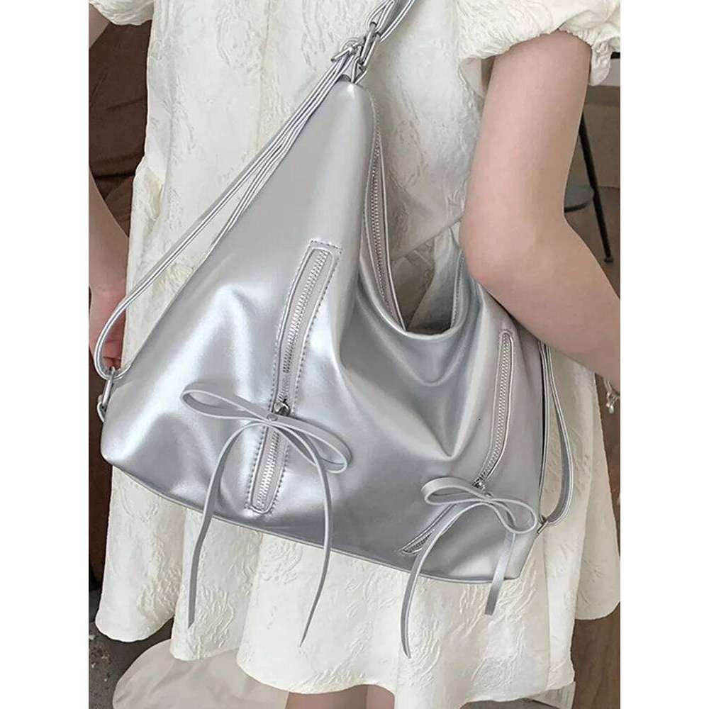 Silver Small Bow Pu Leather Shoulder Bags for Women 2026 Summer Designer Fashion Handbags and Purses Trend Crossbody Bag