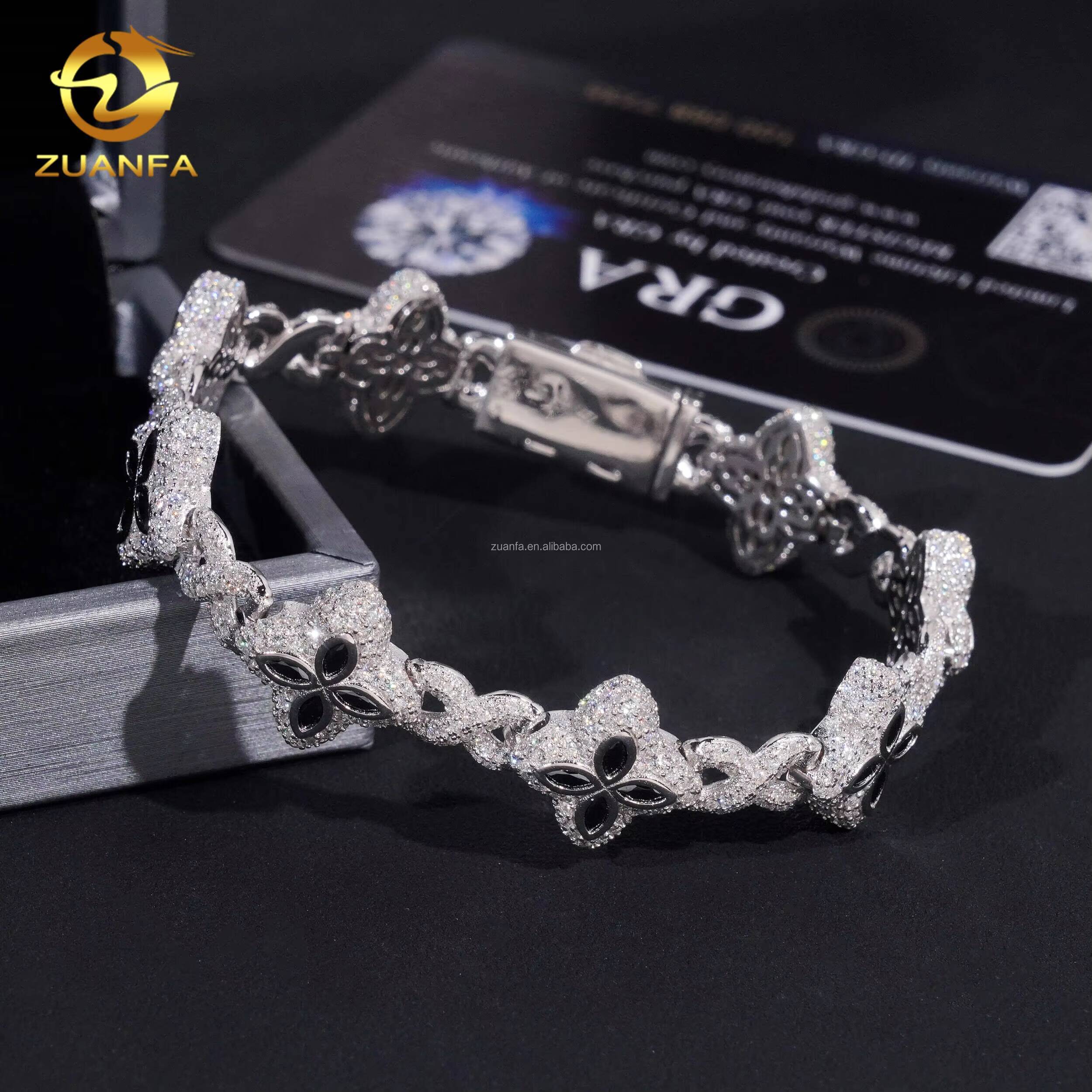 Unique Design 15mm Marquise Flower Hip Hop Jewelry Iced Out Multi Color Moissanite Diamond Clover Infinity Cuban Link Bracelet