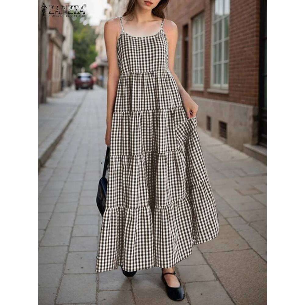 2025 ZANZEA Summer Elegant Sleeveless Maxi Dress Women Straps Dresses Bohemian Holiday Sundress Fashion Plaid Checked Vestidos XJ260131
