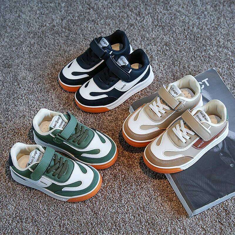 Spring New Leather Upper Sneakers Middle Large Children's Casual Boys and Girls Soft Sole Students Tennis Shoes Y260128