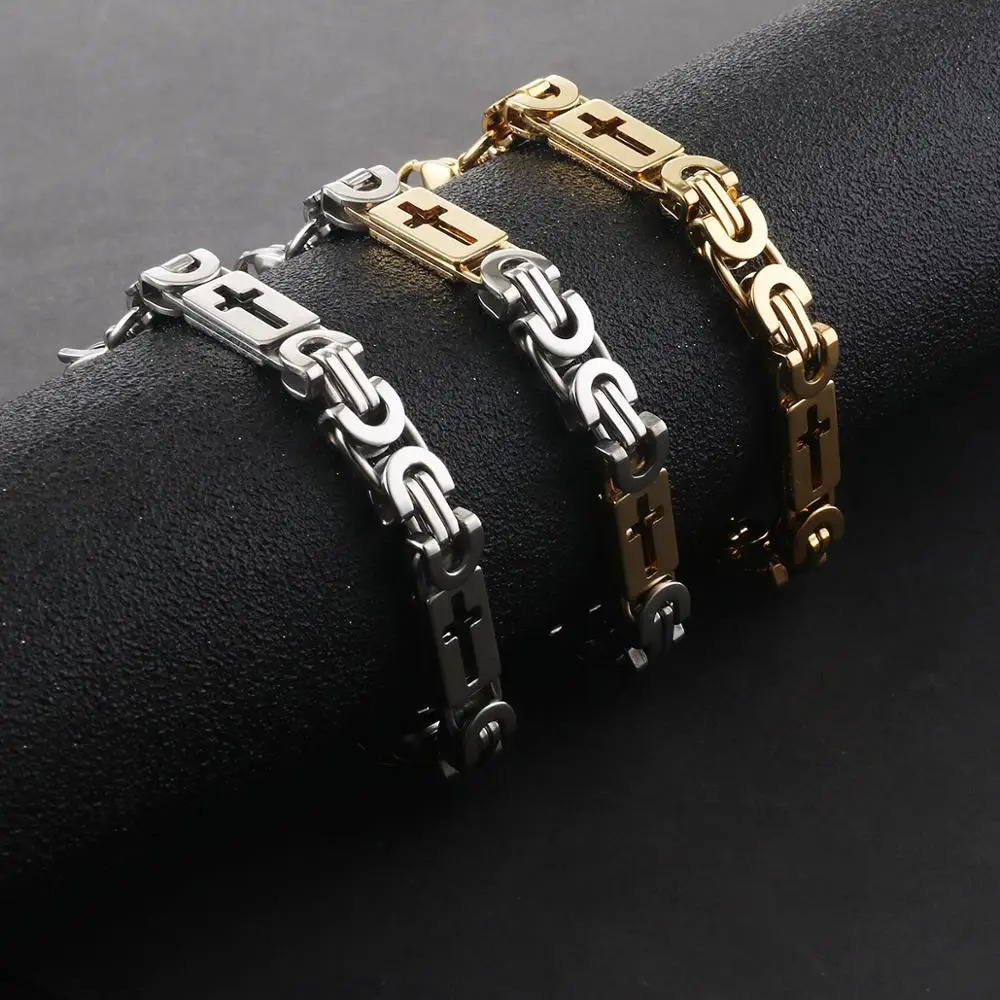 Stainless Steel Byzantine Link Chains Bangle Bracelets for Male Men Cross Chain Bracelet Hip Hop Trendy Wrist Jewelry Gift 260126