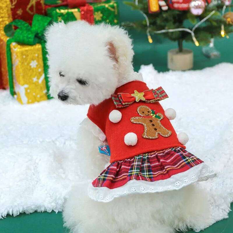 1PC Pet Christmas Style Dog Cat Clothes Gingerbread Man Red New Year Autumn Thickened Warm Sleeveless Dress H260129