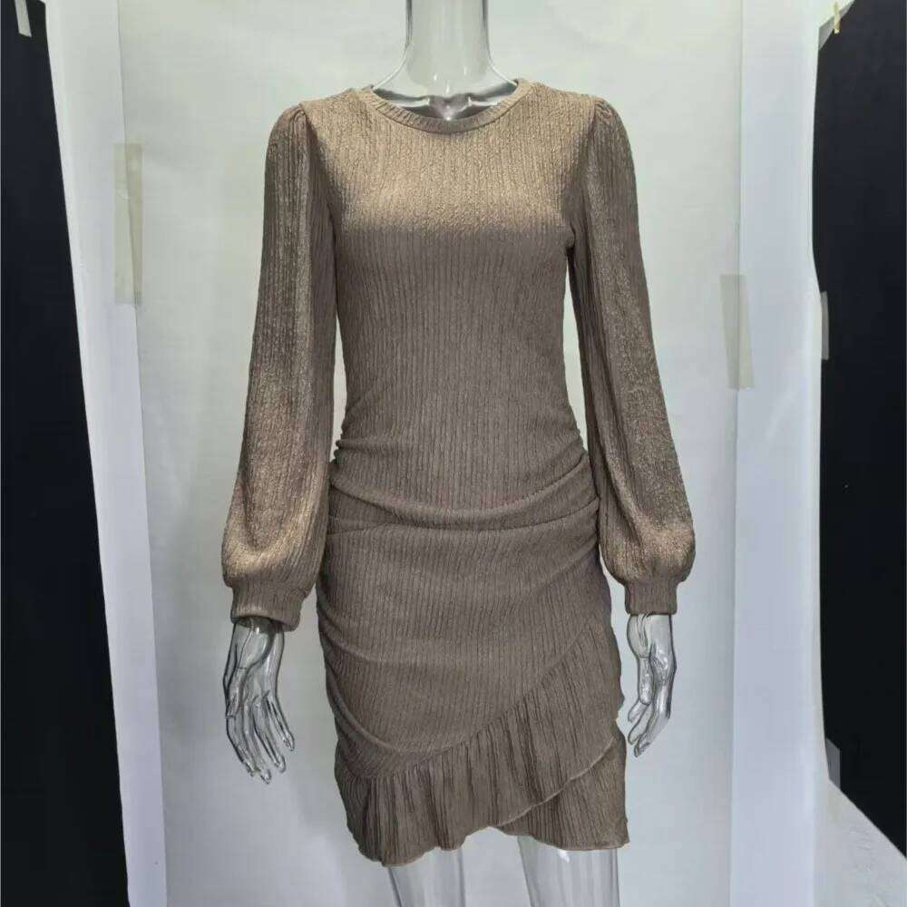 New Autumn Winter Fashion Long-sleeved Knitted Slimming Women's Dress Elegant Female Hip-hugging Pleated Mini Dresses 2025 XJ260131