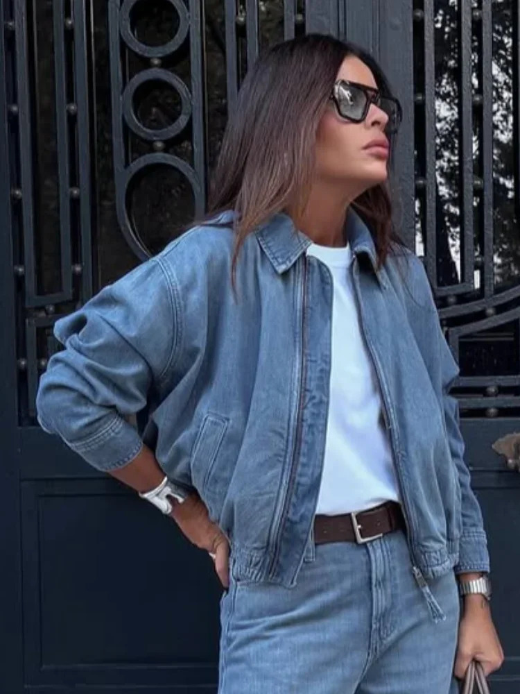 Women Chic Blue Washed Denim Short Jacket Fashion Lapel Zipper Full Sleeve Loose Jackets 2026 Lady Daily High Streert Outwears 260120