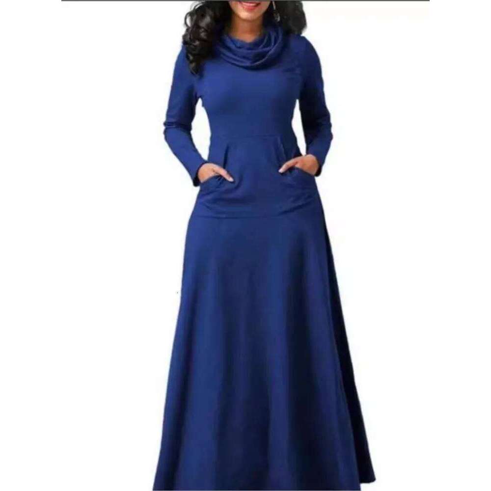 Women's New Autumn Winter Solid Color Fashionable Patchwork Pocket Scarf Collar Sleeved Big Swing Long Dress XJ260131