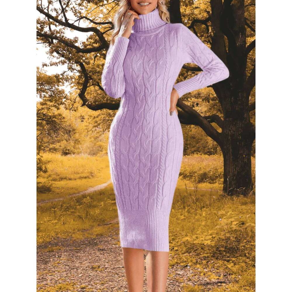 Womens Autumn Winter Daily Elegant Long Sleeve Turtleneck Sweater Knitted Bodycon Midi Sheath Jumper Dresses XJ260131