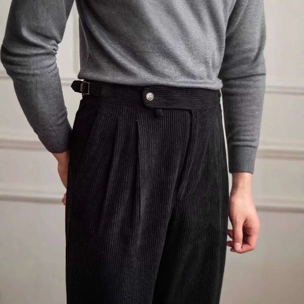 High Waist Corduroy Mens Casual Pants British Style Straight Leg Autumn Winter Fashionable Trousers for Men 260120