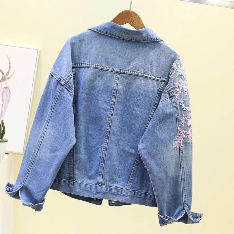 Embroidery Denim Short Jacket Women Spring Autumn Applique Diamond Holes Coat Loose Tops Student Jean Outerwear Jackets 260120