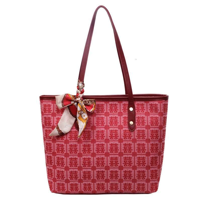 Women's Red Double Happiness Large Tote New Silk Scarf Handbag Single Shoulder Underarm Bride Wedding Bag MASA
