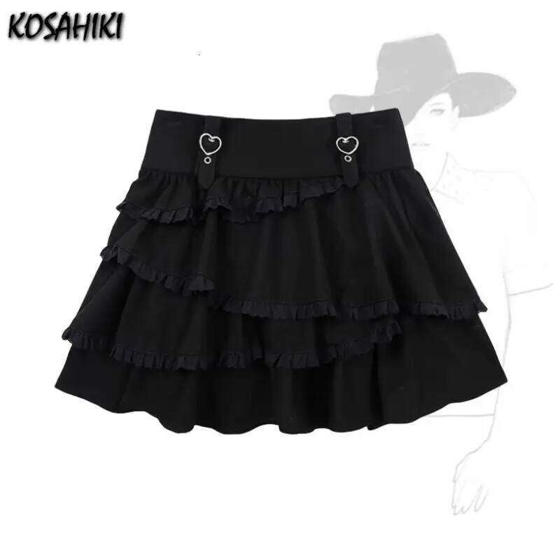 Black Fairy Skirts Women High Waist Slim A-line 2025 Japanese Patchwork Ruffled Woman Fashion Kawaii Mini Skirt Summer Sweet XJ260131