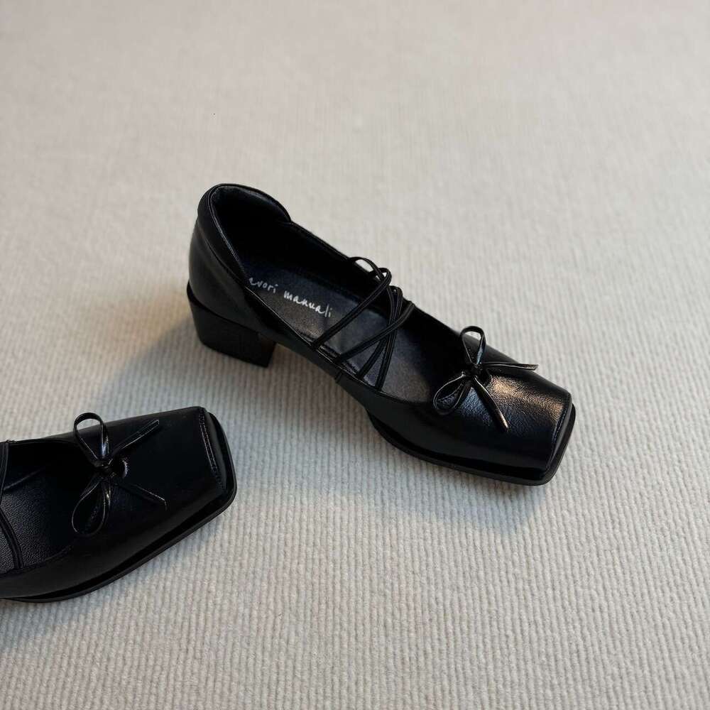 Sheepskin Version~ "Square Toe Ballet" Cross Lace Summer Soft Leather Retro Bow Mary Jane Shoes L260131