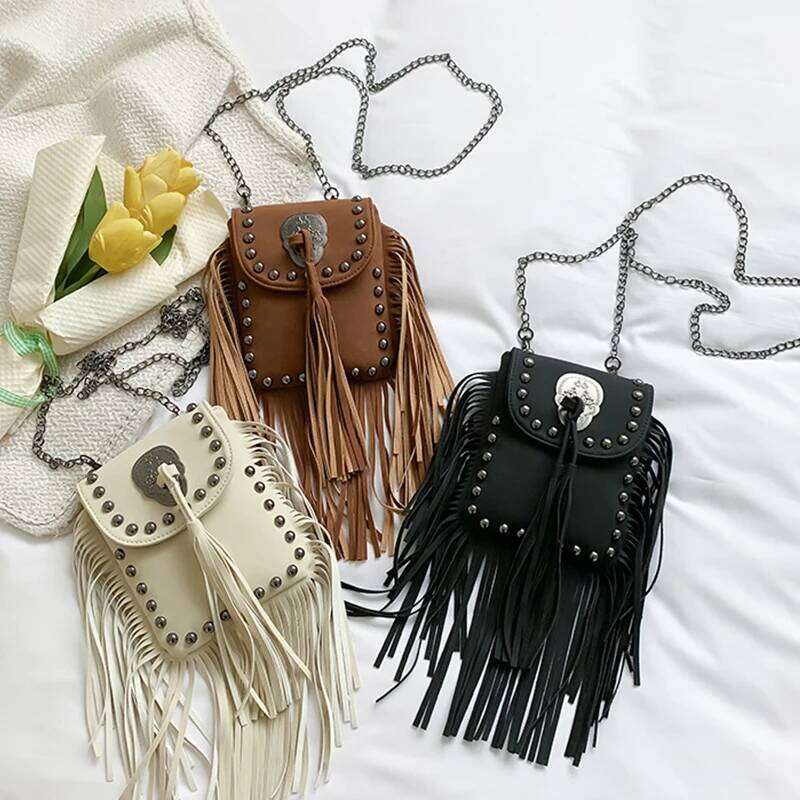 Women's Crossbody Vintage Tassel Shoulder Bag For Women Leather Punk Rivet Zipper Wallet Travel