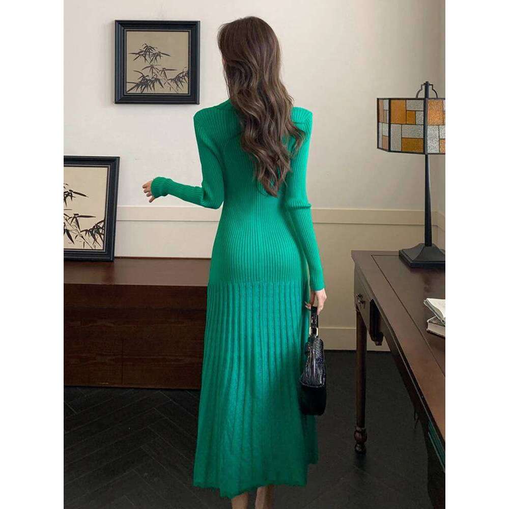 Women Clothes Knitted Lapel Single Breasted Skinny Fishtail Long Dress Sweater Casual Stretchy Robe Mujer Vestidos Autumn Winter XJ260131