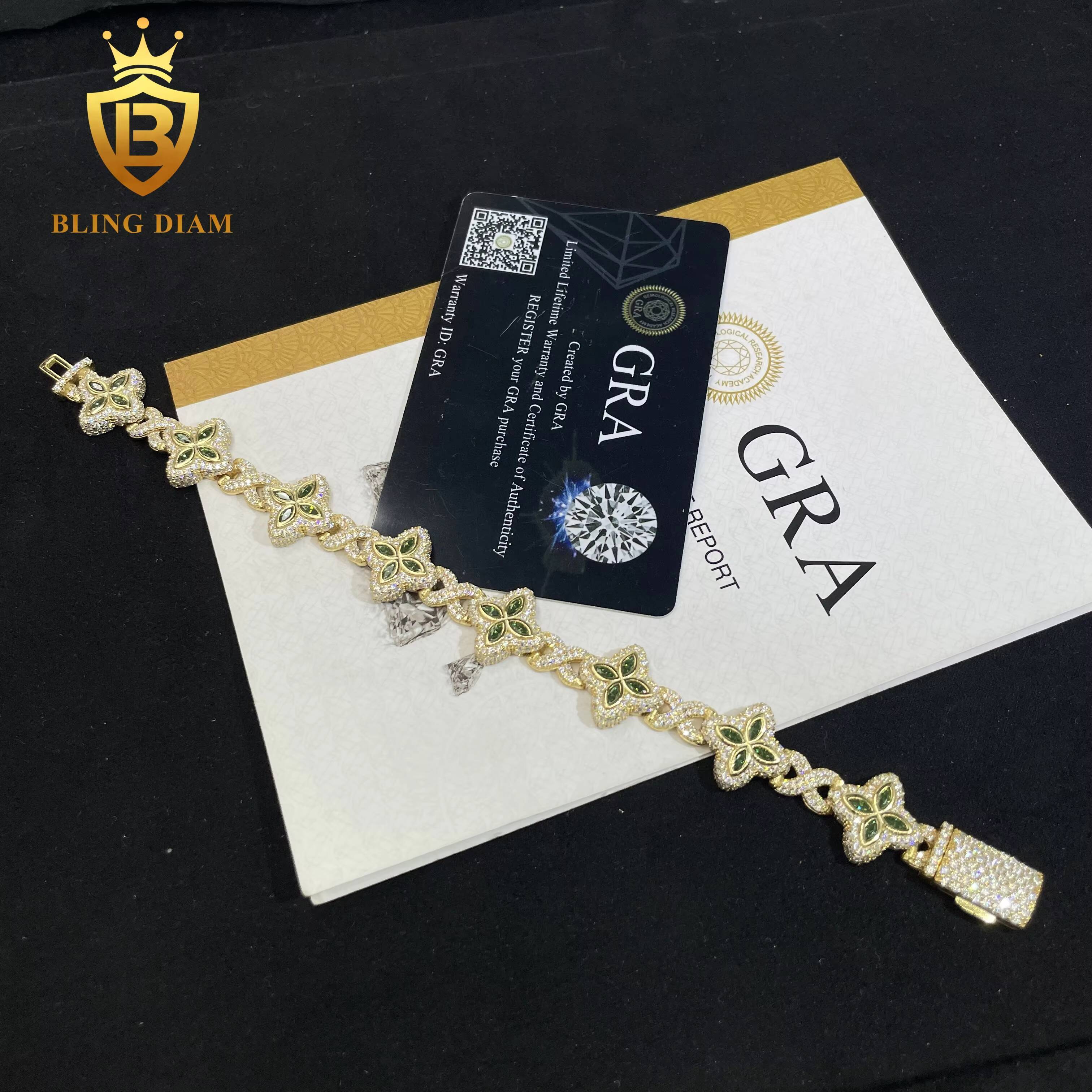 New Style Rapper Jewelry Marquise Flower 15mm Hip Hop Bracelet Moissanite Diamond Cuban Link Bracelet 925 Silver Men Bracelet