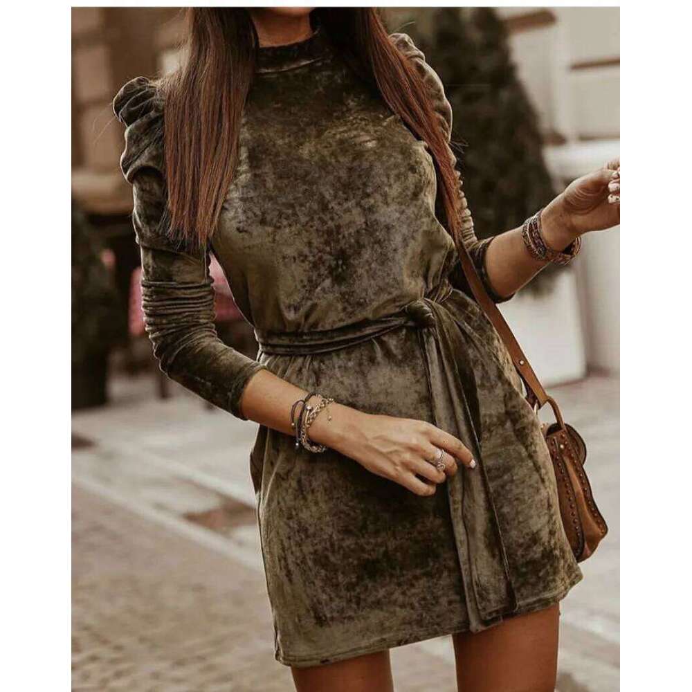 2026 Women Dresses Spliced Dress Lace Up Half High Collar Puff Sleeves Waist Cinched Knee Length Slim Casual Office Lady Autumn XJ260131