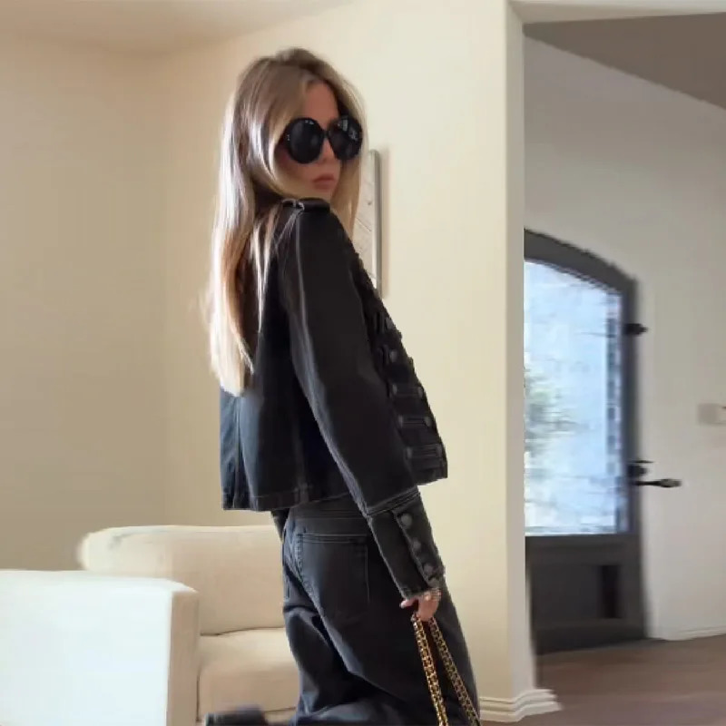 Fashion Punk Denim Jacket Multiple buttons O Neck Long Sleeve Stand Collar Solid Short Jean Outwears 2025 Autumn Lady StreetWear 260120