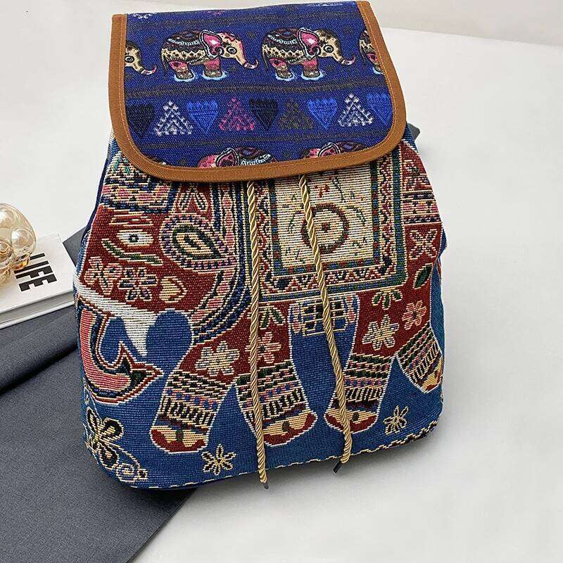 Ethnic style embroidery jacquard canvas women's double shoulder bag with academic style, large capacity, drawstring closure and