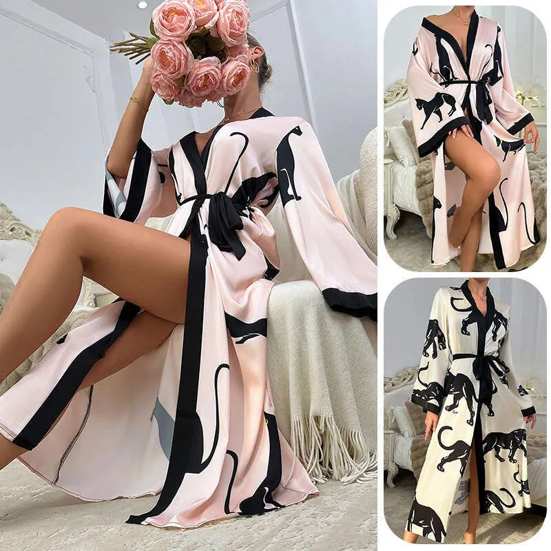Women's Satin Printed Bathrobe Nightgown Long Sleeve Tie Sexy Loungewear robe gown pajamas nightgowns women