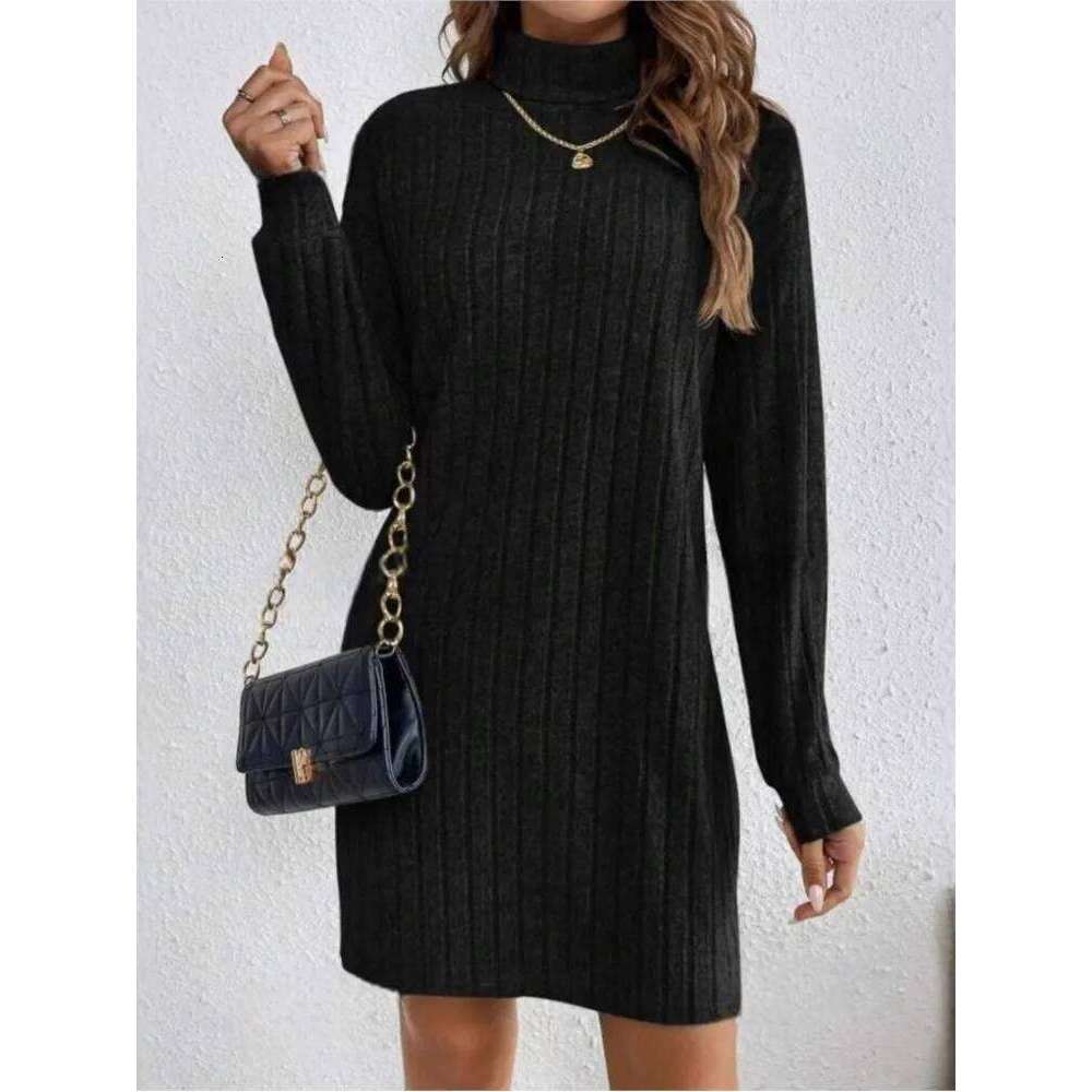 Autumn Winter Woemn Casual Trutleneck Long Sleeve Solid Knitted Dress 2024 New Fashion Loose Comfortable Dresses Female XJ260131